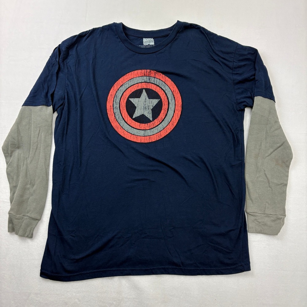 Marvel Captain America Shield Long Sleeve Shirt Mens 2XL Blue Grey Layered Tee